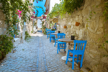 HDR Image-Street view of Alacati district of Cesme.Alacati  is a popular destination for traveling and vacation in Izmir,Turkey.26 August 2017.のeditorial素材