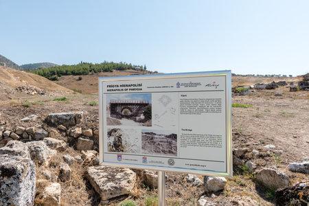 Sign shows the bridge at  Ancient ruins in Hierapolis, Pamukkale, Turkey. UNESCO World Heritage.25 August 2017のeditorial素材