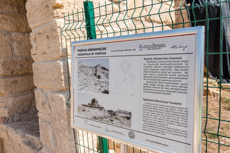 Sign about Aghiasma (Sanctuary Fountain)in ancient Greek city Hierapolis, Pamukkale, Turkey.のeditorial素材