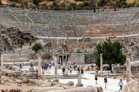 People visit ancient ruins at Ephesus historical ancient city, in Selcuk,Izmir,Turkey:20 August 2017のeditorial素材