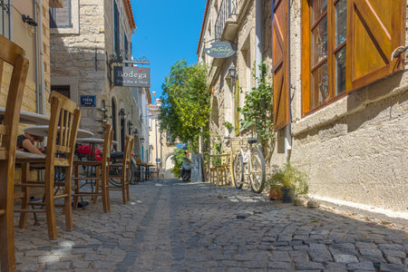 Street view of Alacati district of Cesme.Alacati  is a popular destination for traveling and vacation in Izmir,Turkey.26 August 2017.のeditorial素材