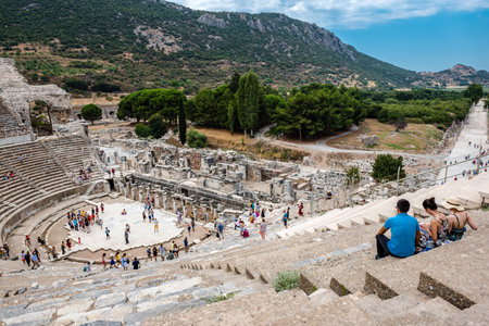 People visit Amphitheatre (Coliseum) at Ephesus historical ancient city, in Selcuk,Izmir,Turkey:20 August 2017のeditorial素材