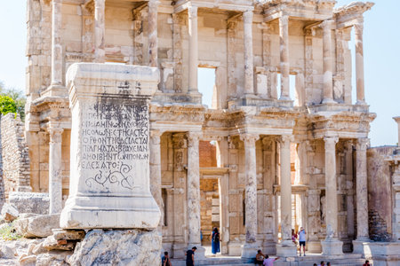 People visit Ancient Celsus Library at Ephesus historical ancient city, in Selcuk,Izmir,Turkey:20 August 2017のeditorial素材