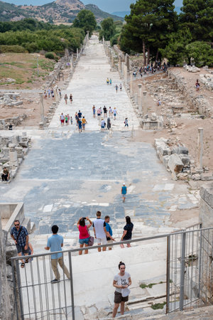 People visit ancient ruins at Ephesus historical ancient city, in Selcuk,Izmir,Turkey:20 August 2017のeditorial素材