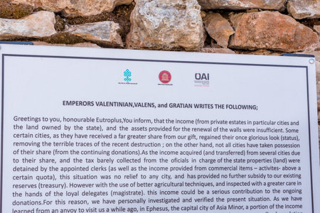 Information sign about ruins in Ephesus historical ancient city, in Selcuk,Izmir,Turkey:20 August 2017のeditorial素材