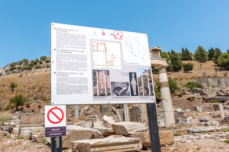 Information sign about ruins in Ephesus historical ancient city, in Selcuk,Izmir,Turkey:20 August 2017のeditorial素材