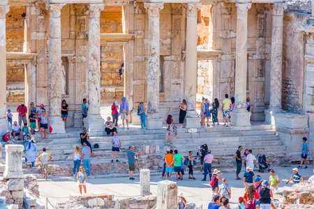 People visit Ancient Celsus Library at Ephesus historical ancient city, in Selcuk,Izmir,Turkey:20 August 2017のeditorial素材