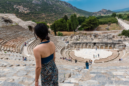 People visit Amphitheatre (Coliseum) at Ephesus historical ancient city, in Selcuk,Izmir,Turkey:20 August 2017のeditorial素材