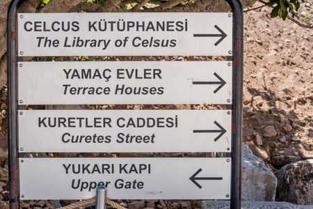 Information sign about ruins in Ephesus historical ancient city, in Selcuk,Izmir,Turkey.のeditorial素材