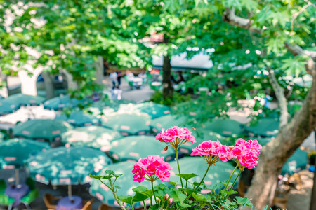 High resolution panoramic view of courtyard of historical Koza Han(Silk Bazaar) in Bursa,Turkey.の写真素材