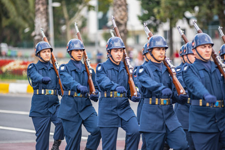 Turkish soldiers march for Military parade at Turkish 30 August Victory day.Soldiers in formation in...