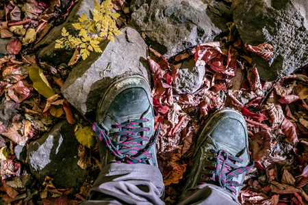 Top view of tracking shoes with stone and yellow and red fallen leaves in the autumn park, fall scene.Copy spaceの写真素材