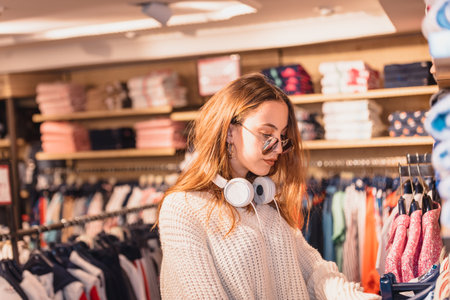 Beautiful attractive young girl in jumper with headphone and sunglasses chooses clothes thinking...
