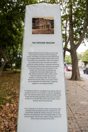 Information board of Tophane Pavilion which was built by Ottomon Empire Sultan Abdulmecid located in square of Tophane Beyoglu,Istanbul,Turkey.25 July 2019のeditorial素材
