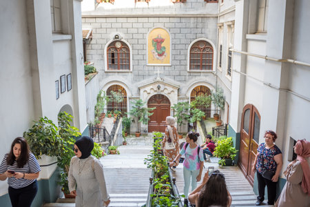 People visit Church of St. Mary Draperis,a Roman Catholic Church built in 1584 Beyoglu,Istanbul,Turkey.25 July 2019のeditorial素材