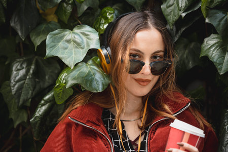 Portrait of beautiful attractive young girl with headphones and sunglasses stands among leaves