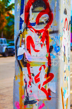 Miami Florida - August 29, 2018 Wynwood Art District Area Corner Concrete Post with Graffiti Art and...