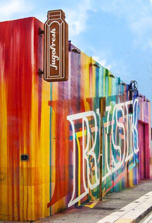 Miami, Florida - August 29, 2018 Wynwood Miami Art Area Street Graffiti on the Side of JugoFresh Commercial Buildingのeditorial素材