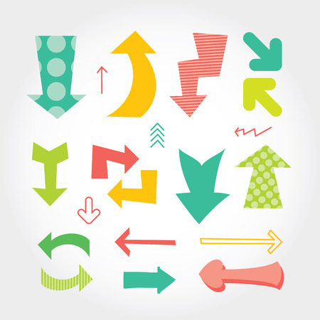Hand drawn set of colorful arrows different forms and colors on white background. Modern flat vector illustration with place for text. Layered EPS fileのイラスト素材