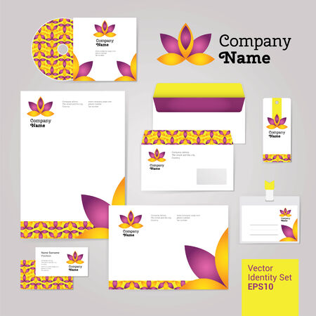 Yoga wellness flower corporate identity style set with envelope, blank, bussines card and disk. Modern vector illustration and design elementsのイラスト素材