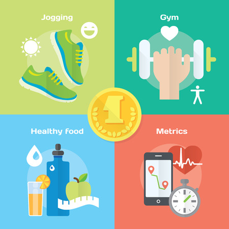 Jogging and running winner concept flat icons of gym, healthy food, metrics. Isolated vector illustration and modern design elementのイラスト素材