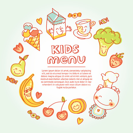 Child and baby food, kids menu with colorful smiling fruits, vegetables, sweets, cookiesのイラスト素材