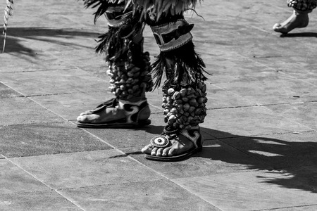 Aztec dancers celebrate Dia de los Muertos Day of the Dead in Mexico city centerの写真素材