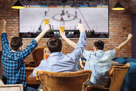 Group of young men cheering on their favorite team watching the game on TV at the local pub having beer.の写真素材