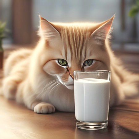 Cute cat and glass of milk on wooden table, closeupの素材