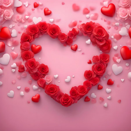 Valentine's day background with red roses and hearts. 3d renderの素材