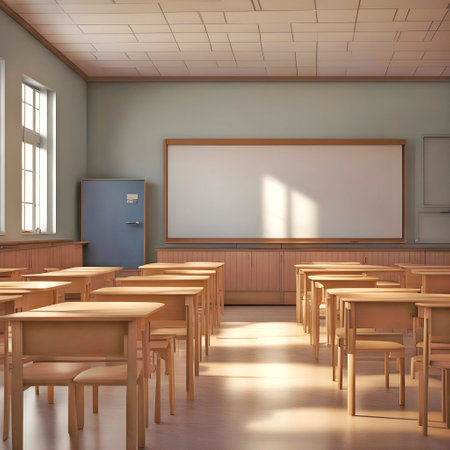 Interior of a school classroom with wooden desks and chairs. 3d renderの素材