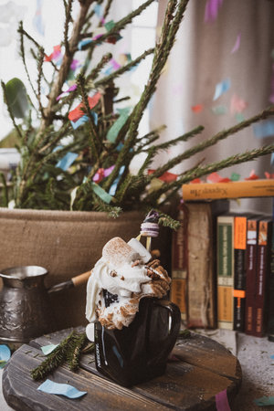 coffee with whipped cream, marshmallows and pecansの写真素材