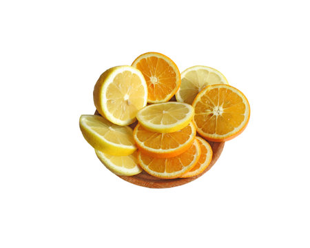 Lemons and oranges, sliced into rings, arranged on a brown plateの写真素材