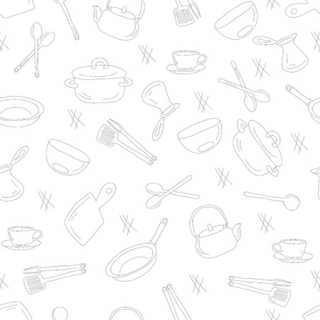 Kitchen utensils outline seamless pattern. Picture of kitchen utensils, a dark outline against a light background.のイラスト素材