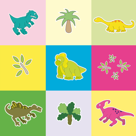 Vector illustration. The background color of the rectangles with cute dinosaurs and plants.のイラスト素材