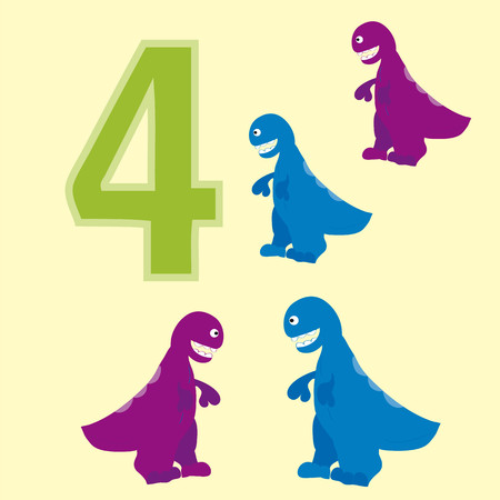 A poster for primary education account. Number four. About four paintings of a dinosaur.のイラスト素材