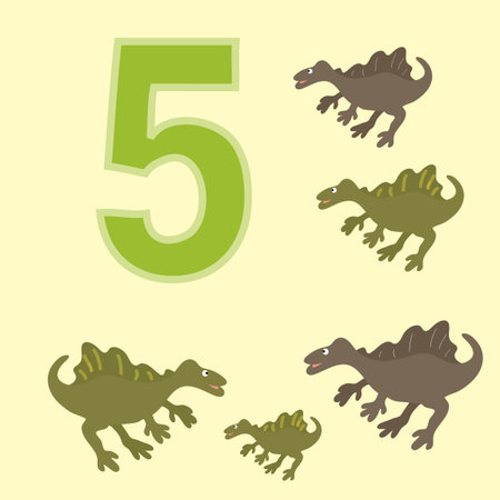 A poster for primary numeracy. Number five.Next to the number five dinosaurs.のイラスト素材