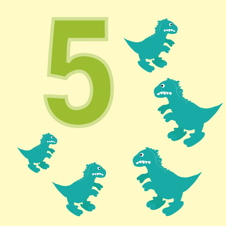 A poster for primary numeracy. Number five.Next to the number five dinosaurs.のイラスト素材