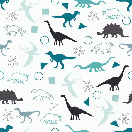 Vector illustration. Seamless ornament background made of silhouettes of dinosaurs of different species on a light background.のイラスト素材