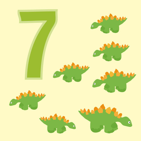 A poster for primary numeracy. Number seven. Next to the number seven dinosaurs.のイラスト素材