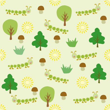 Children's pattern for the background composed of small cartoon centipedes, fungi , trees and suns.のイラスト素材