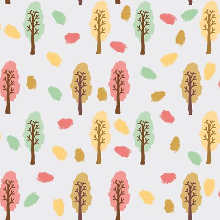 Autumn forest. Trees with colorful foliage standing among fallen colorful leaves.のイラスト素材