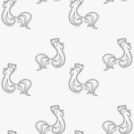 Abstract seamless pattern of outlines of a rooster on a gray background.のイラスト素材