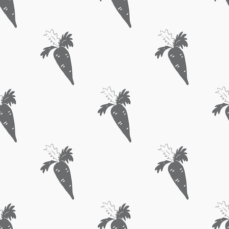 Seamless ornament built from a graphic image of carrots of various sizes on a gray background.のイラスト素材