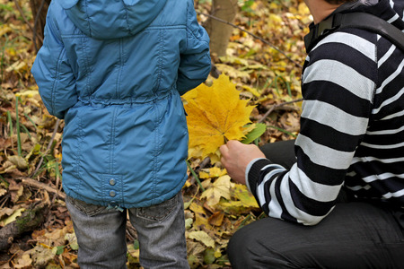 Autumn walks in the fresh air. Father and son walking through the autumnal forest. The boy is back. A man sits on his haunches sideways.の写真素材