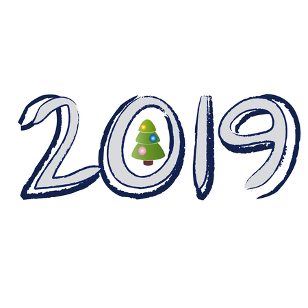 The basis for the postcard to celebrate the new year. Green Christmas tree decorated with balls and date (2019) as symbols of the new year. Vector illustration.のイラスト素材