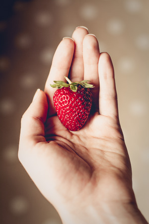 Strawberry in womans hand, pastelの写真素材