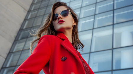 Beautiful girl in a red coat and sunglasses on the background of a modern buildingの素材