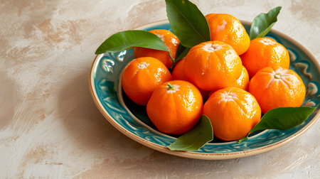 Ripe tangerines with leaves in a plate on the tableの素材