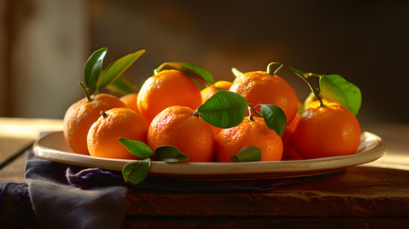 Tangerines with leaves on a wooden table. Tangerines in a plate.の素材